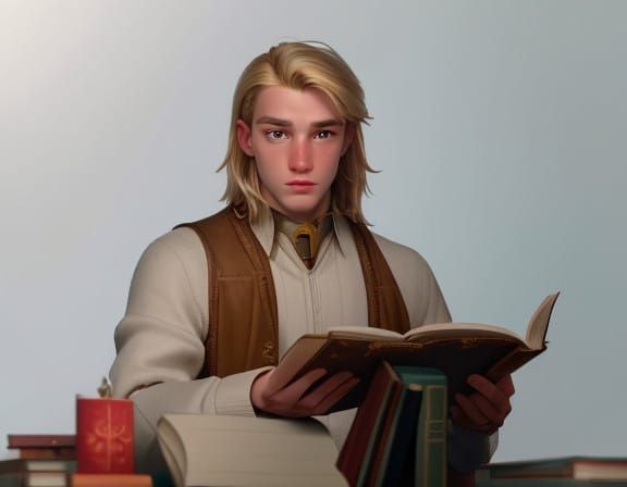 Introspective Young Scholar in a Cozy Library Scene