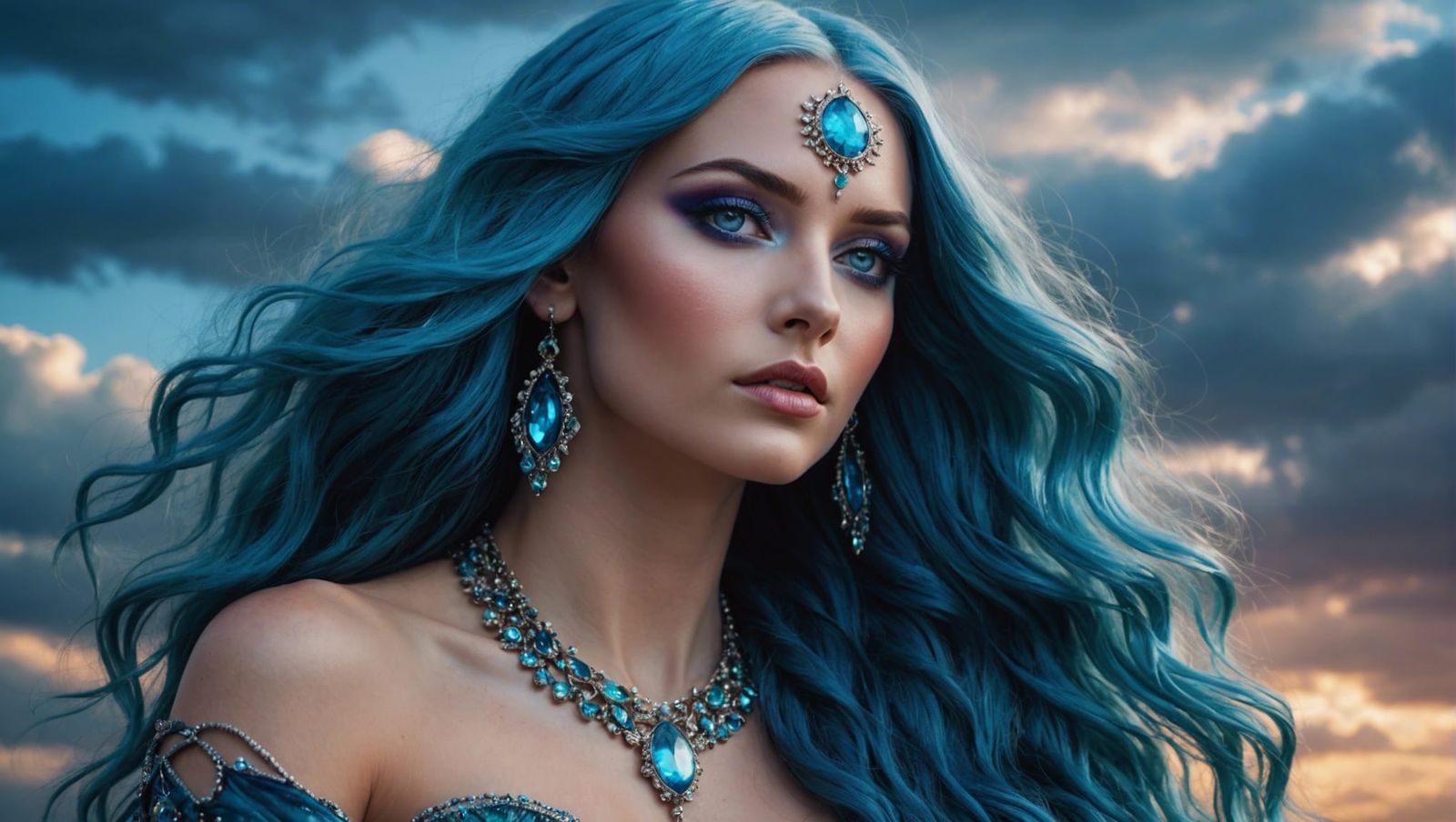Sky Siren Portrait with Flowing Blue Hair