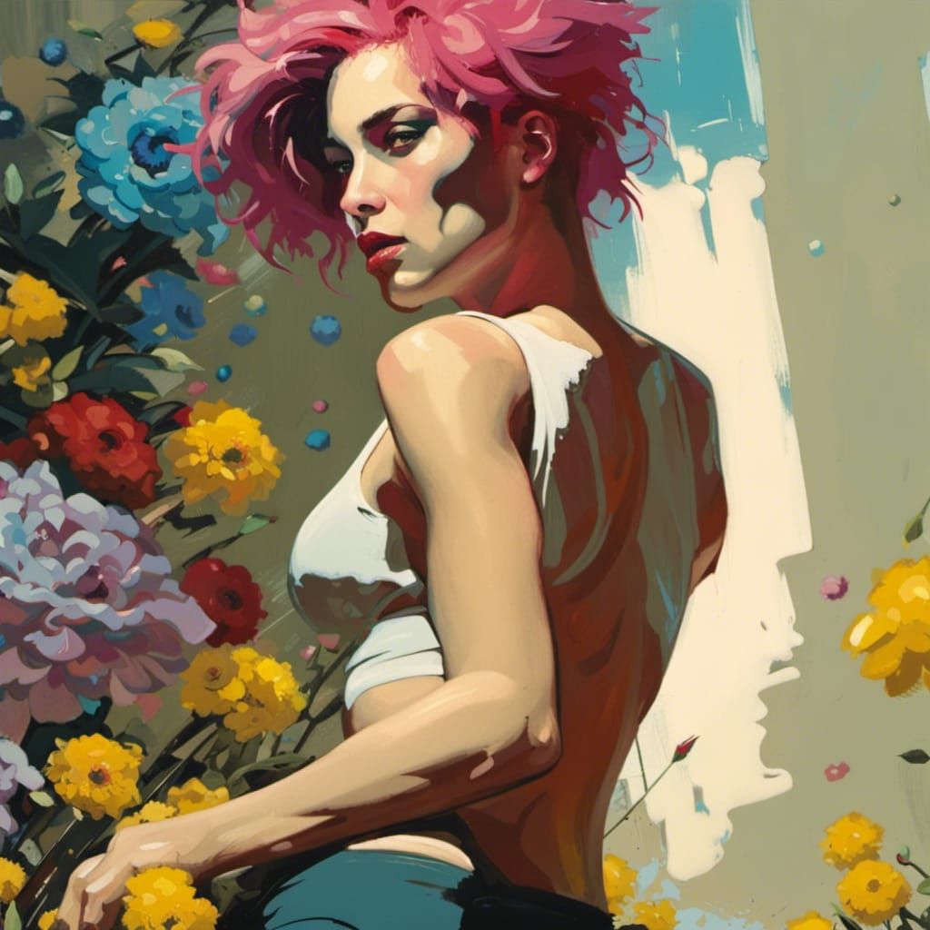 Punk Cyborg Woman Portrait with Flowers, Cyberpunk Art