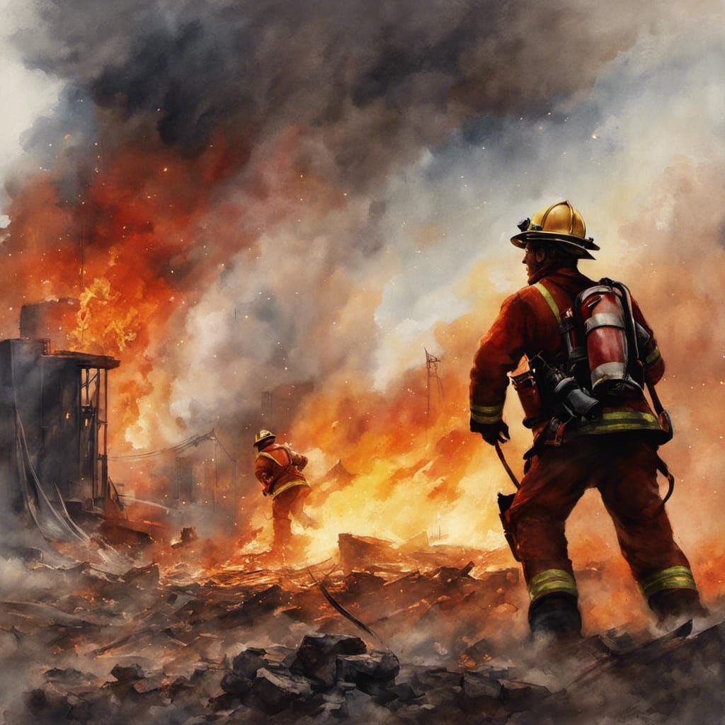 Tower Inferno: Firefighters in Watercolor Style