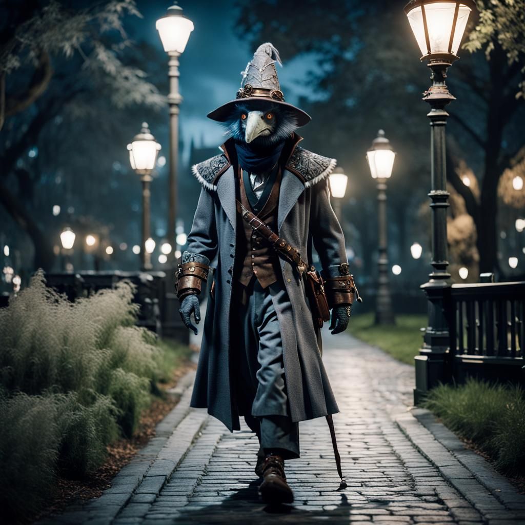 Steampunk Kenku Druid in Victorian City Park