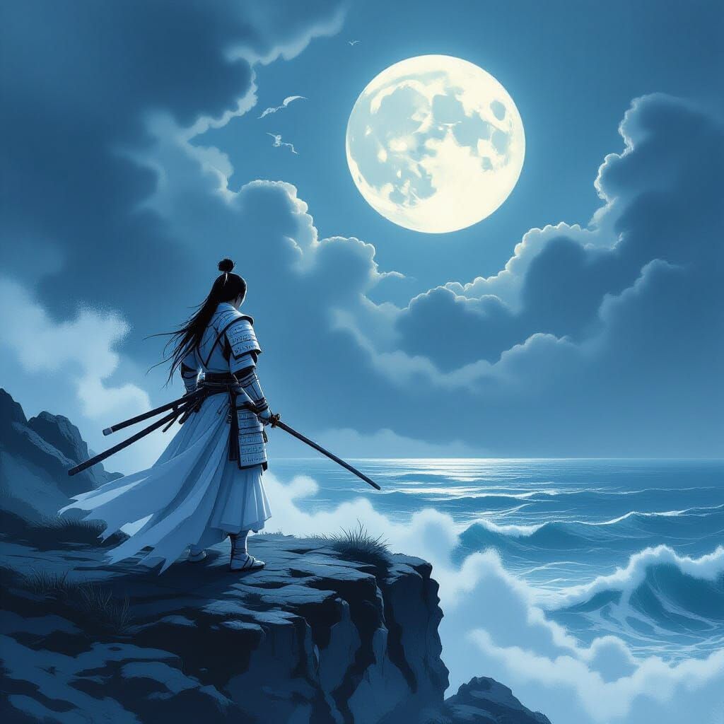 Samurai on Cliff in Stormy Seas, Fantasy Art