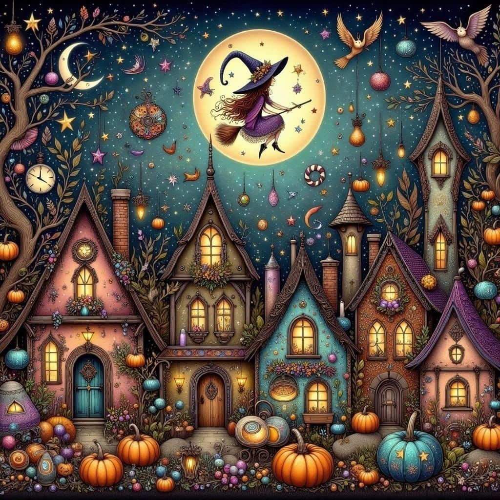 Magical Halloween Village in Enchanted Forest: Naive Art
