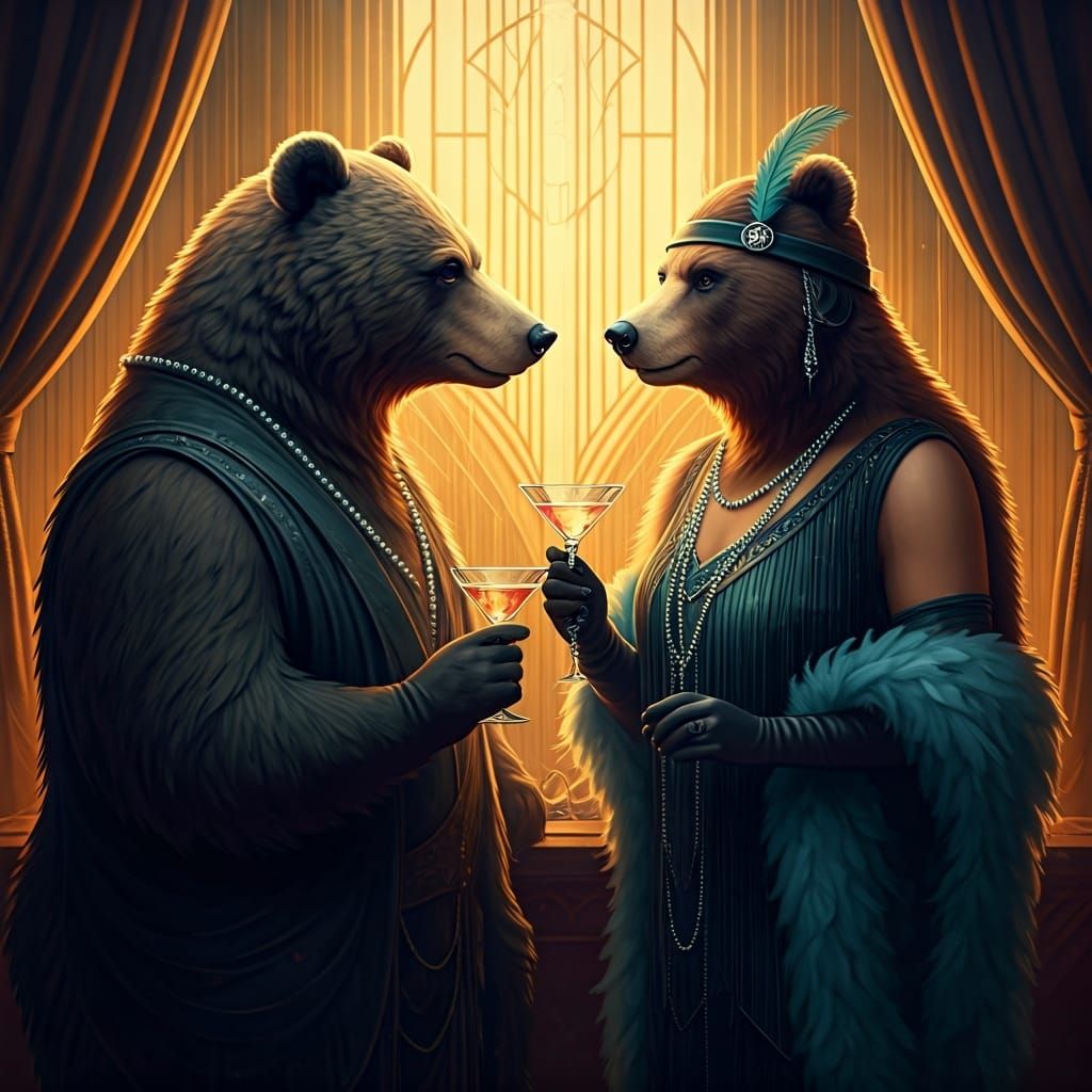 Art Deco Bears Enjoying Cocktails in Smoky Room