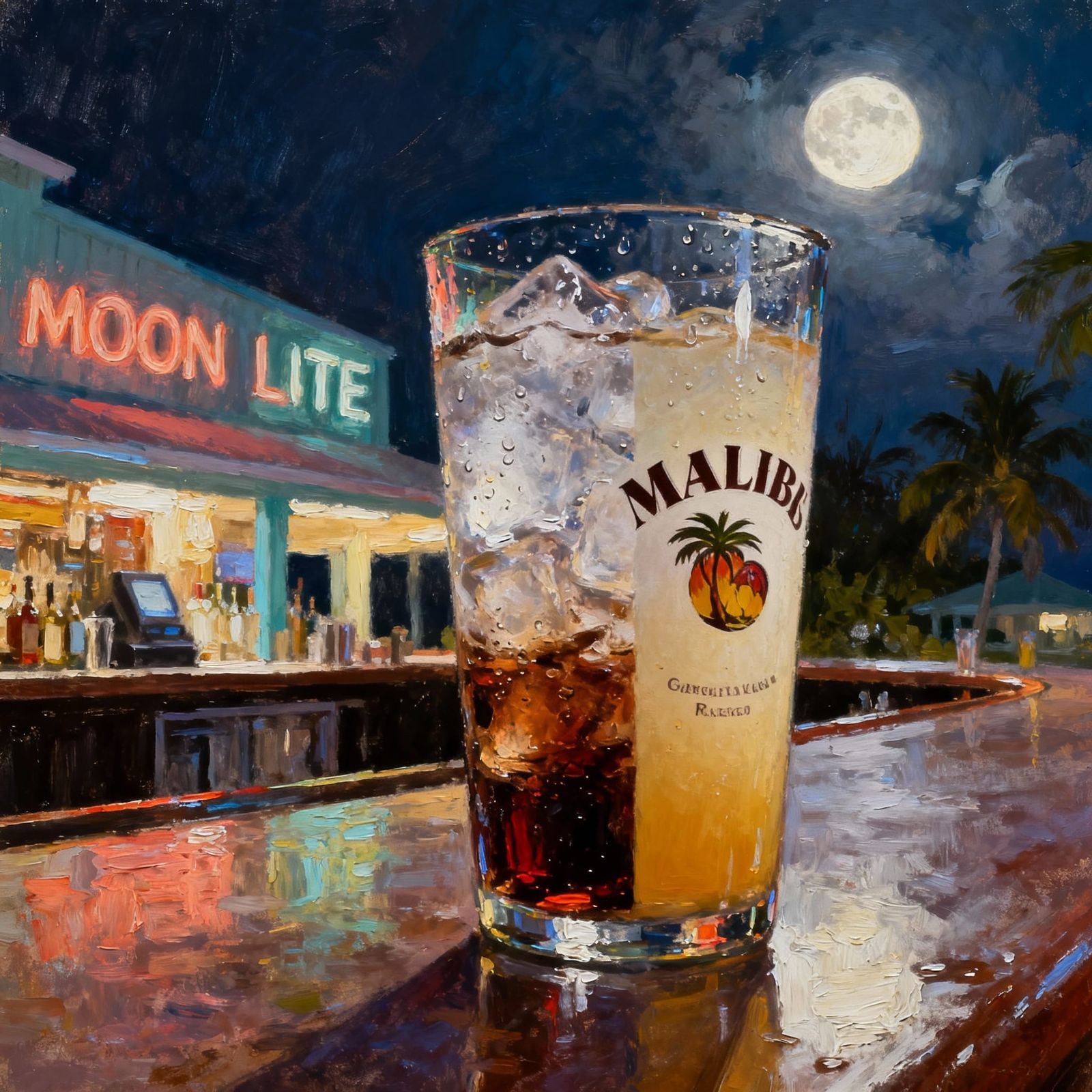 A tall glass of a little ice desert amount of Coke,  the rest smothered in Malibu Rum. On the Moon lite bar in the Baham...