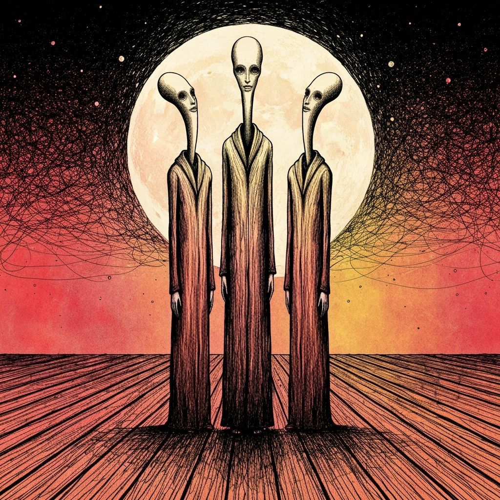 Three Slender Figures Under a Large Moon