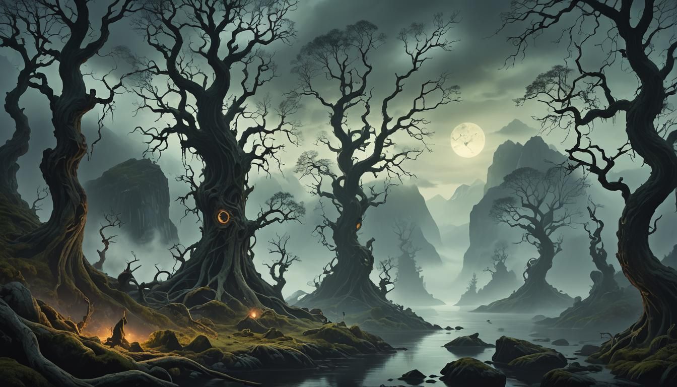 Eerie Norwegian Landscape with Cloaked Figure