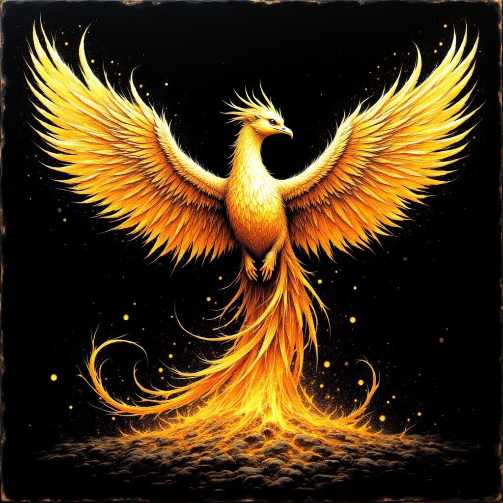 Majestic Phoenix Rises from Ashes in Watercolour and Gold