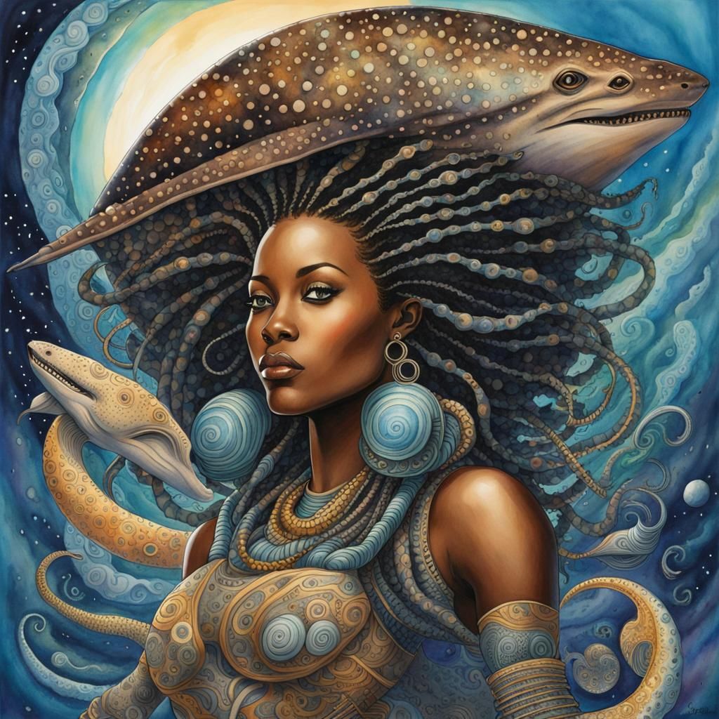 Afrofuturistic Goddess Rides Mechanized Whale Shark