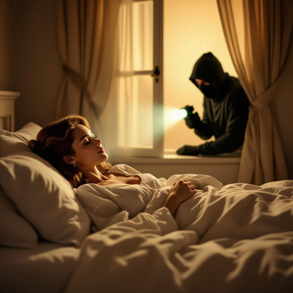 Burglar Enters Room as Woman Sleeps: Hyperrealistic Art