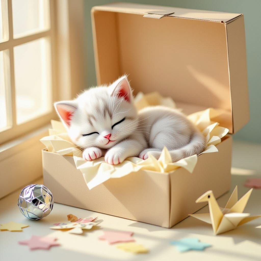 Tiny Paper Kitten Asleep in Shoebox Diorama