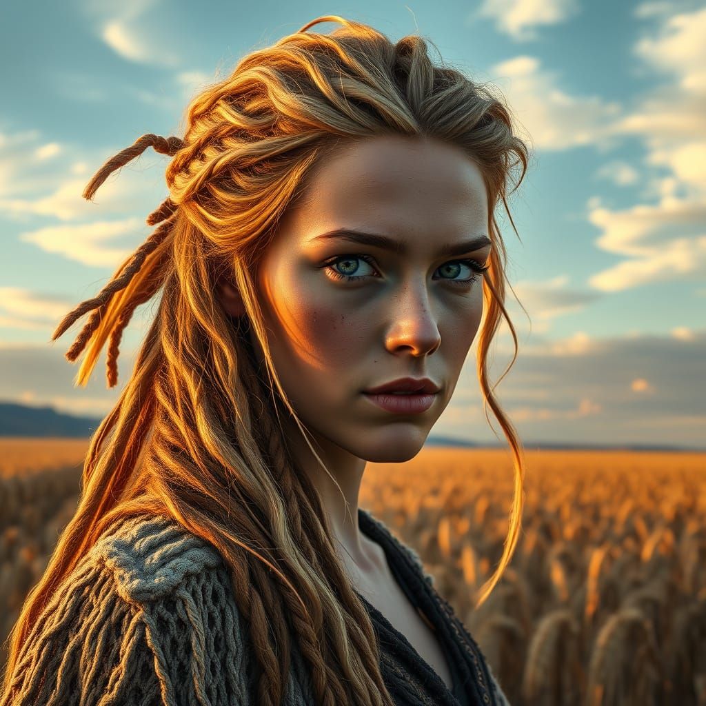 Viking Warrior Goddess in Sunset Landscape