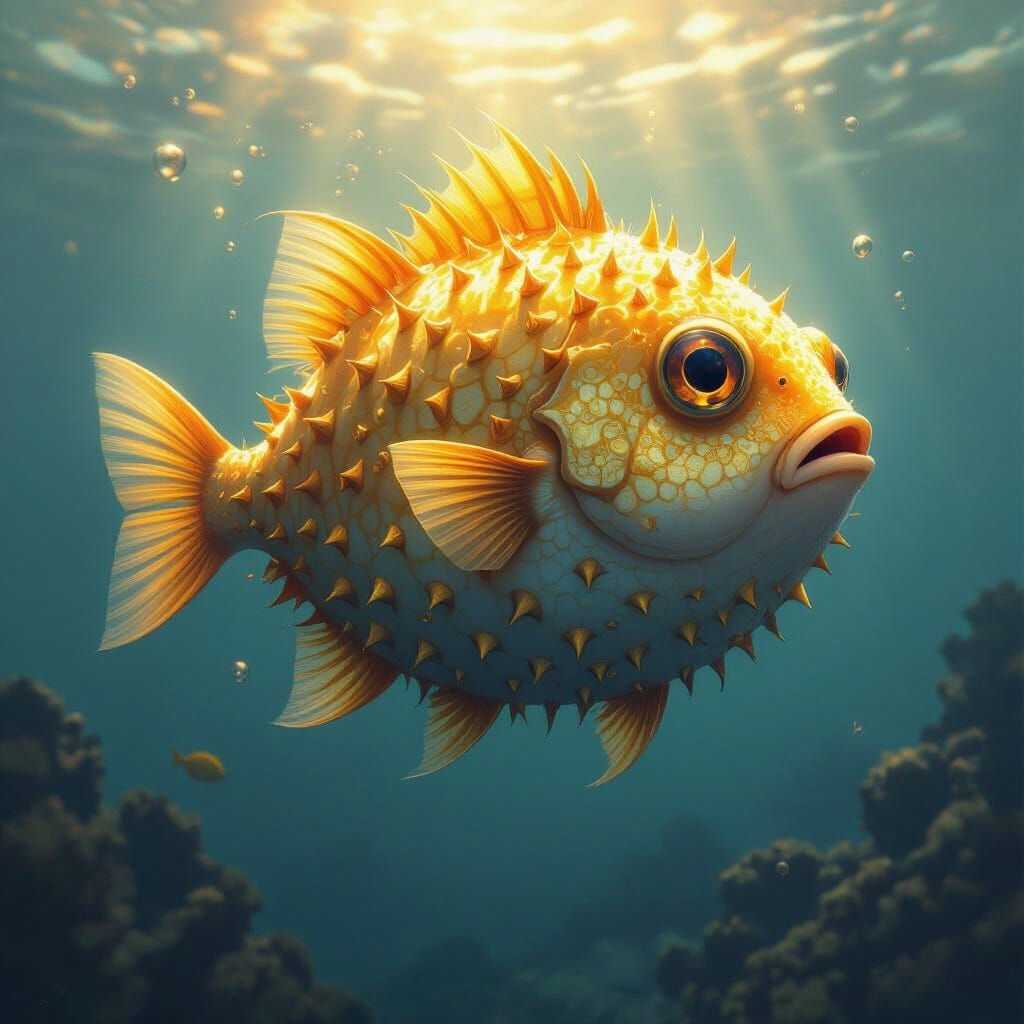 Golden Pufferfish in Dark Fantasy Style
