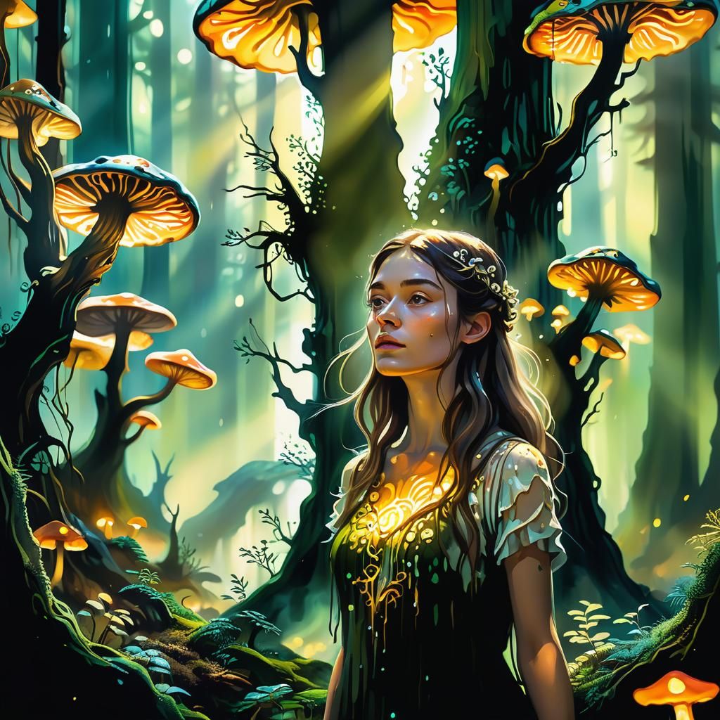 Mystical Forest Woman with Glowing Aura in Oil Gouache