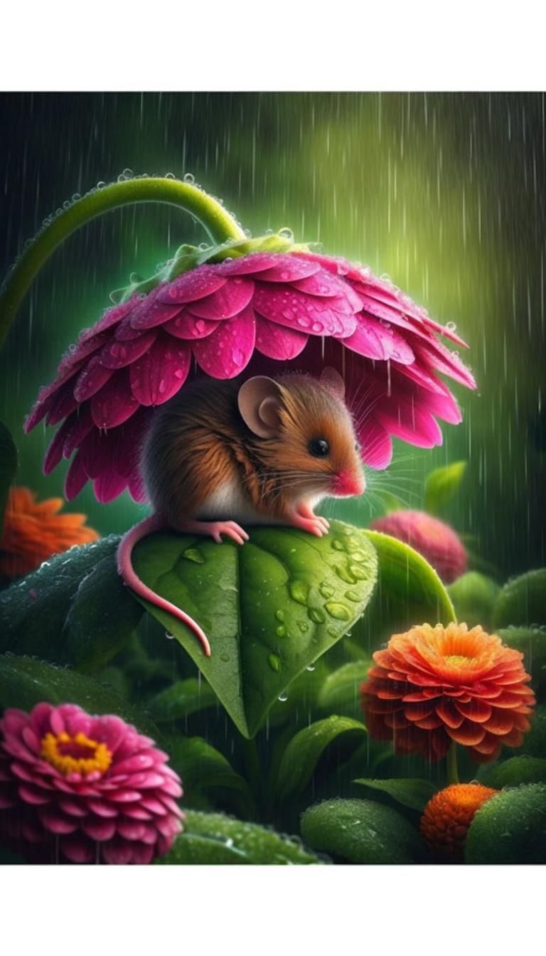 Mouse Takes Shelter from Rain Under Pink Flower
