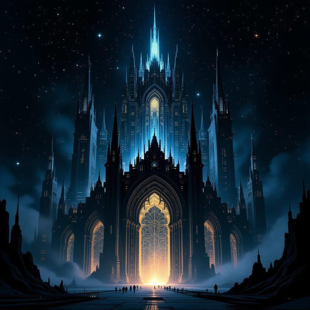 Gothic Cyberpunk Megastructure Amidst a Starry Void