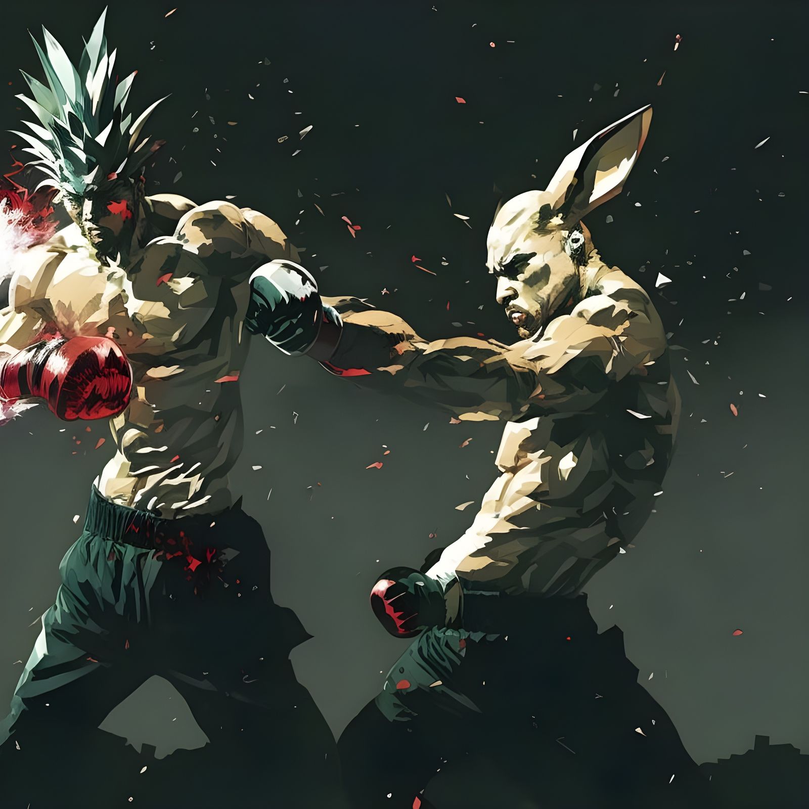 Bunny Boxer Punching Exploding Pineapple, Digital Art