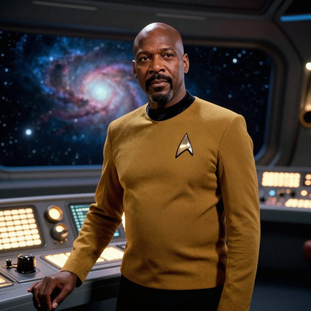Bald African American Starship Captain in Kirk Uniform