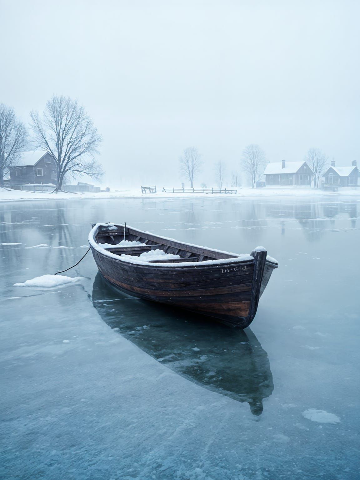 Frozen Lake: A Solitary Boat in Winter Fog