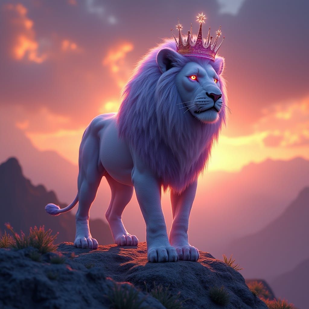 Lion with Star Crown in Hyperrealistic Alien Sunset