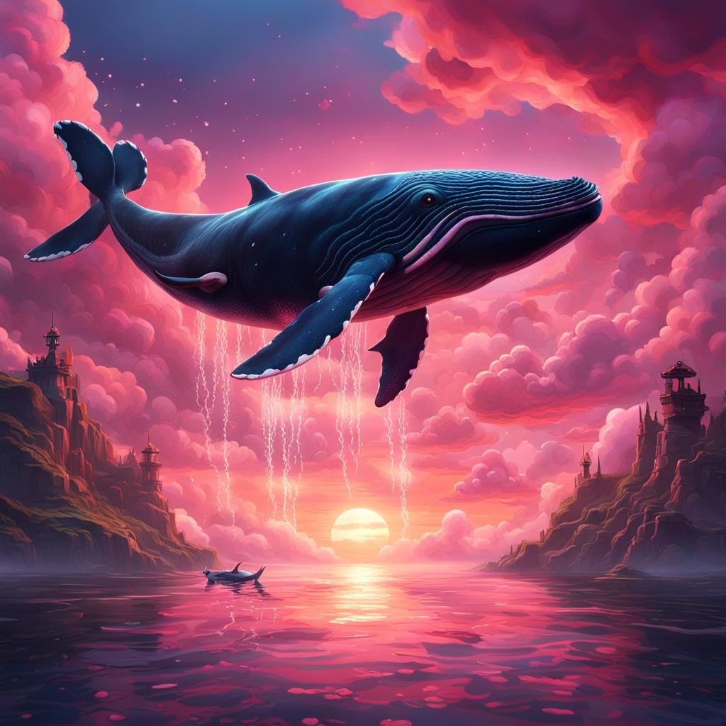Whale Swimming in Pink Sunset Clouds