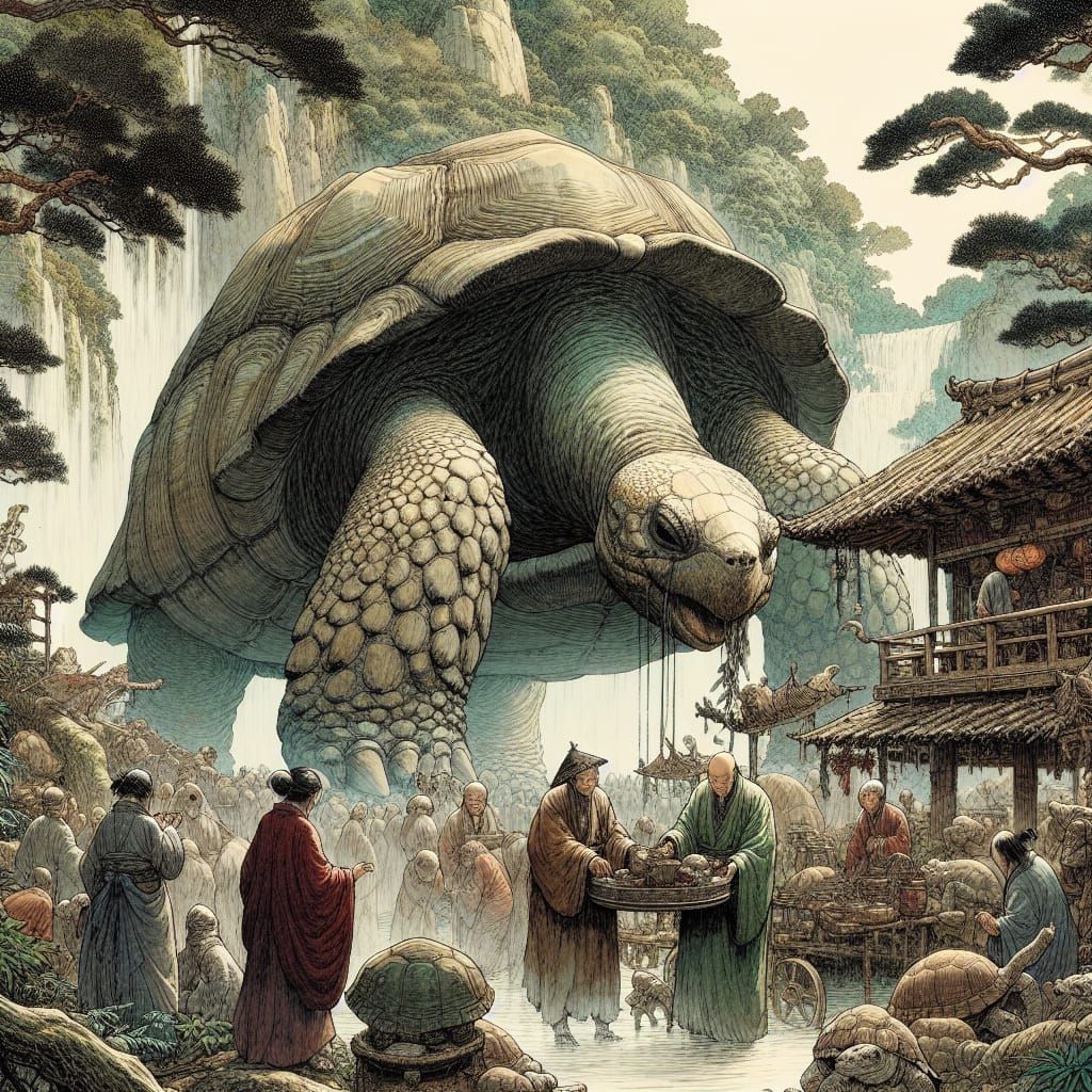 Surreal Asian Village Scene with Giant Tortoise in Tradition...