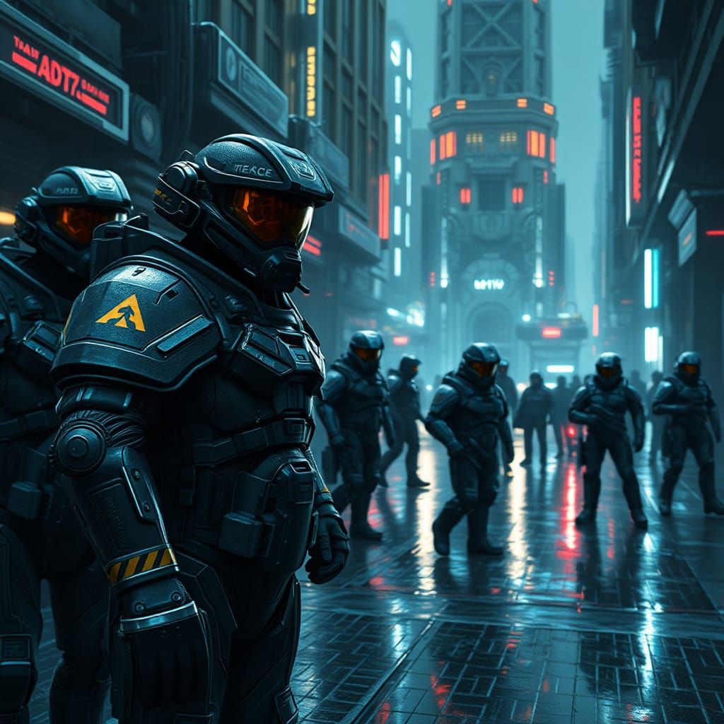 Sci-Fi Terran Marines in Futuristic Cityscape
