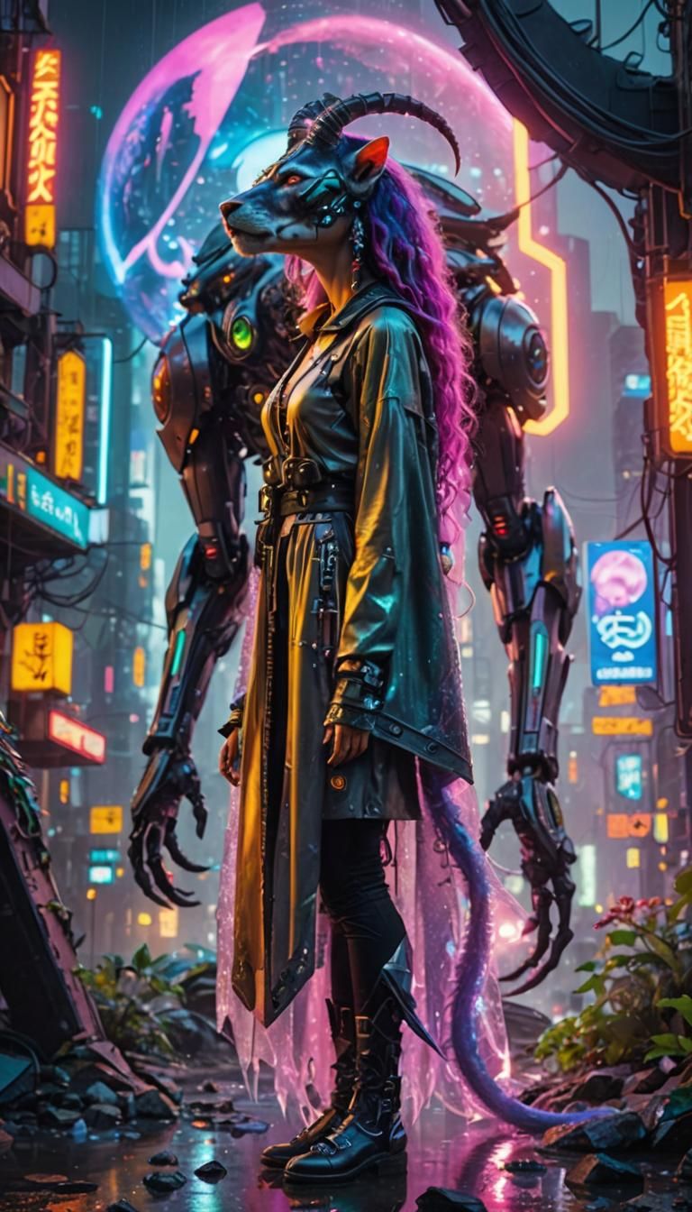 Cyberpunk Chimera Girl in Surreal Cityscape