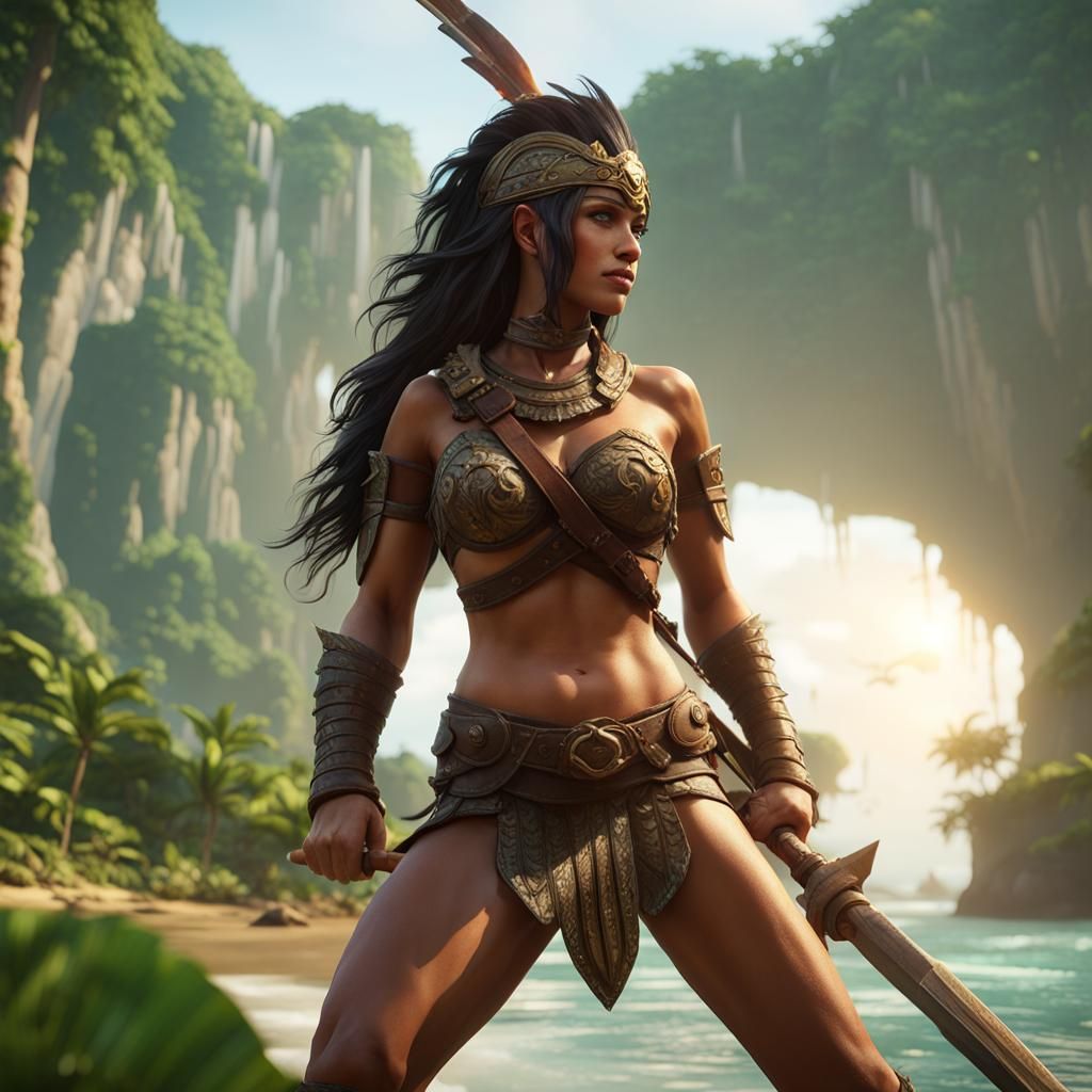 Amazonian Warriors Training on Tropical Island, 3D Render