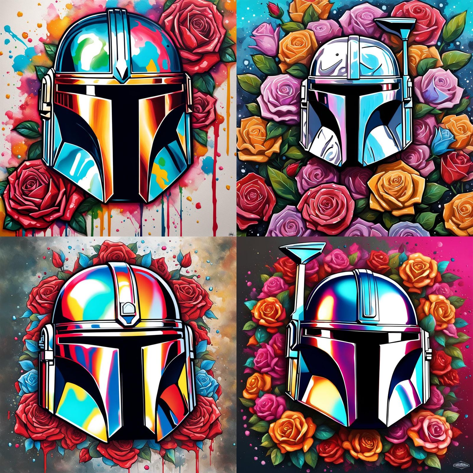 Diamond Mandalorian Helmet Among Roses in Graffiti Art