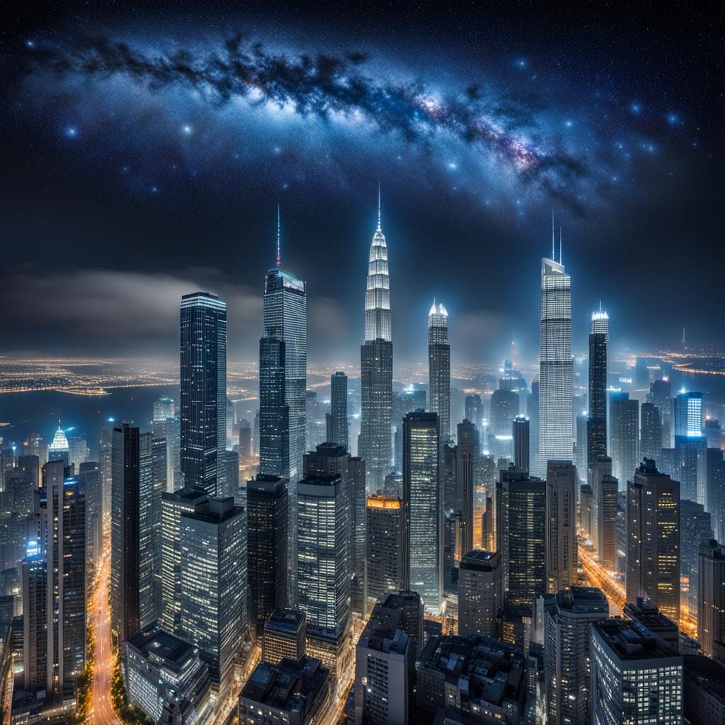 The City Skyline under the Milky Way Galaxy