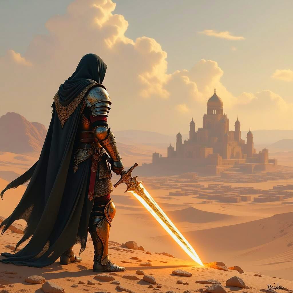 Epic Warrior in Persian Armor Overlooking Ruined City