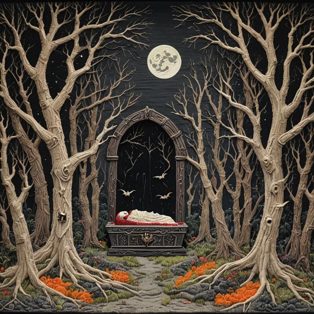Creepy Haunted Vampire Coffin Tapestry in Moonlit Grove