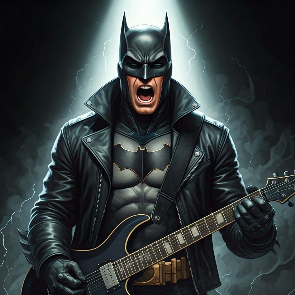 Batman Plays Electric Guitar in Cyberpunk Style