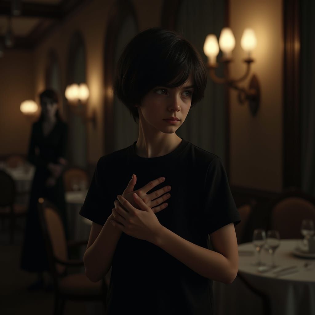 Boy Nervously Clutches Heart in Faintly Lit Hotel Dining Roo...