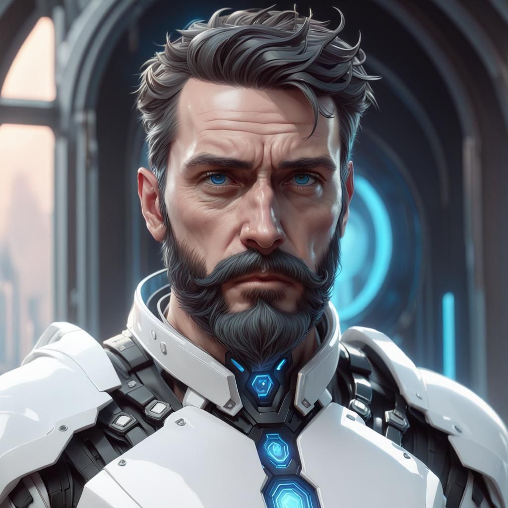 Sad Armored Man in Futuristic Armor