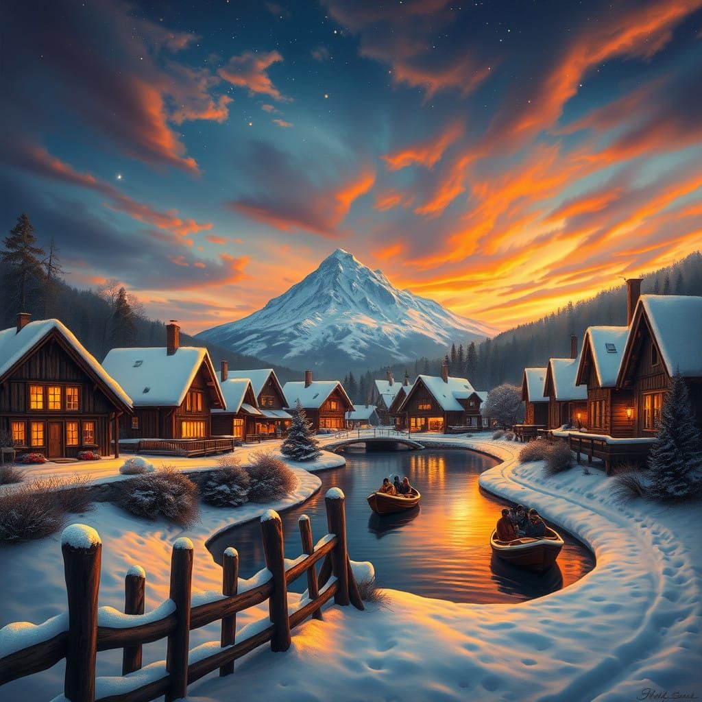 Winter Village Scene Under Starry Night Sky in Vibrant Paint