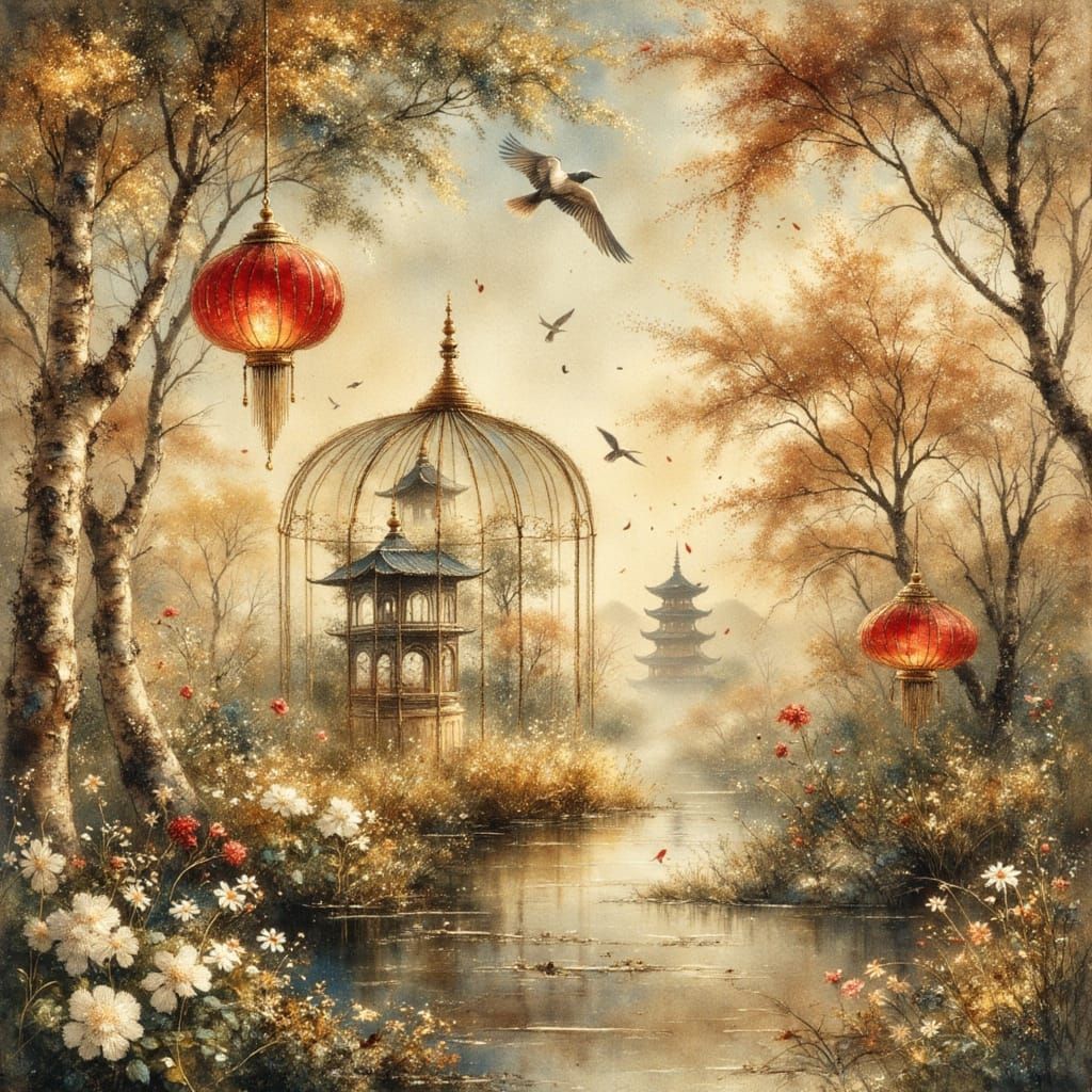 Bird in Bamboo Cage with Asian Temple Background