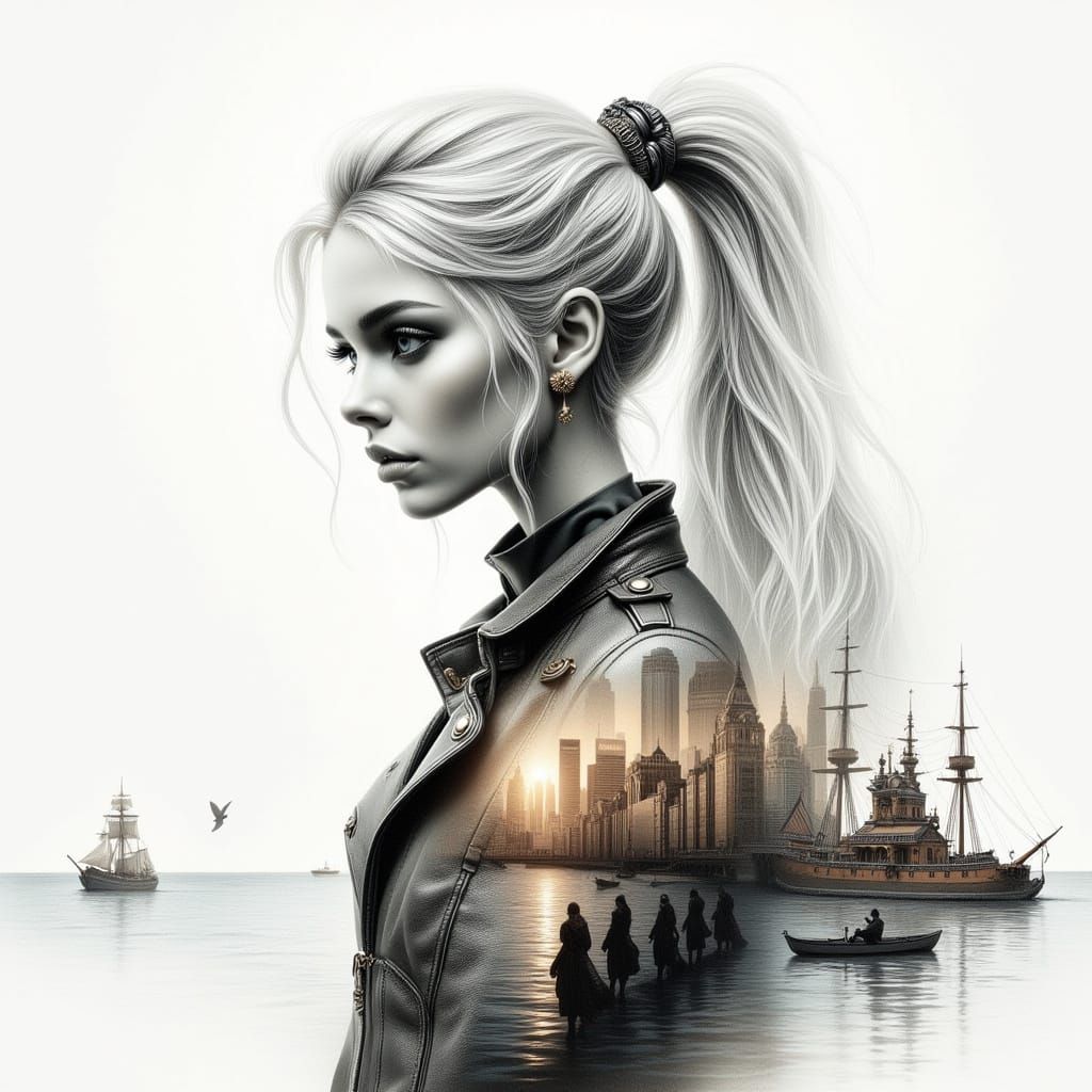 Steampunk Girl Double Exposure Sketch in Digital Art