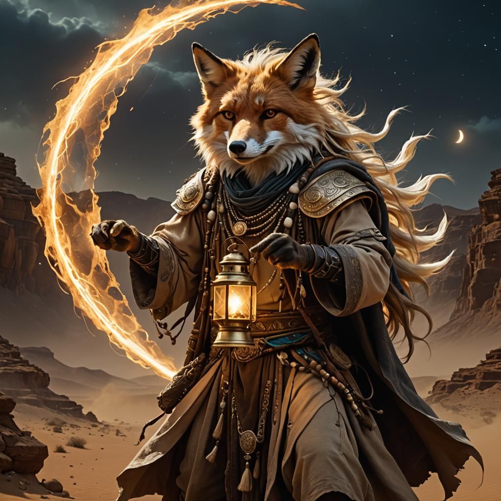 ragged swirling raging wind and dust fox shaman hybrid holding a lantern 
complex portrait, 60-30-10 color rule, 
|style...