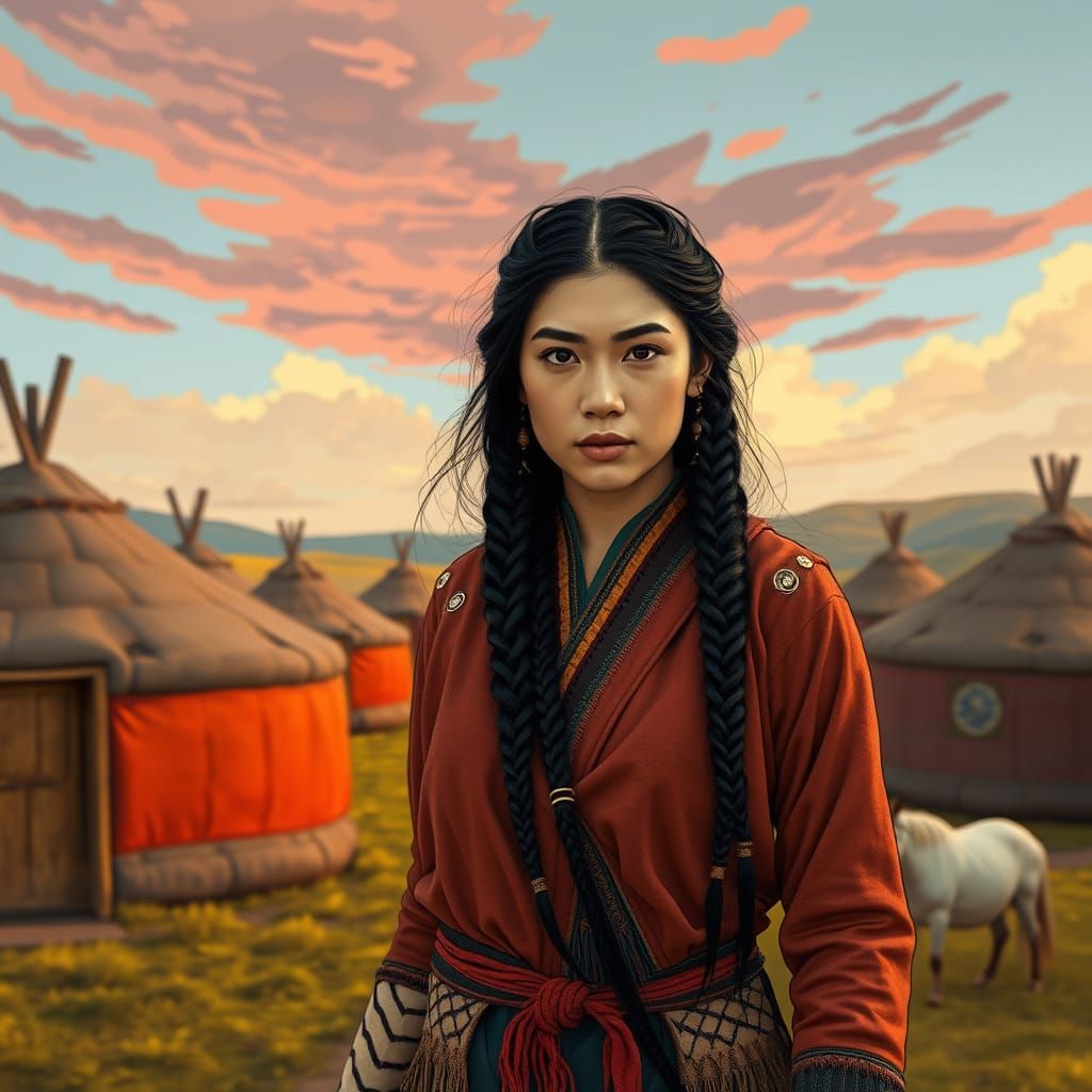 Mongolian Woman in Traditional Village, Evocative Art