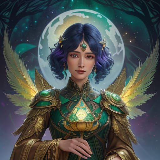 Bioluminescent Bird on Branch in Art Nouveau Style