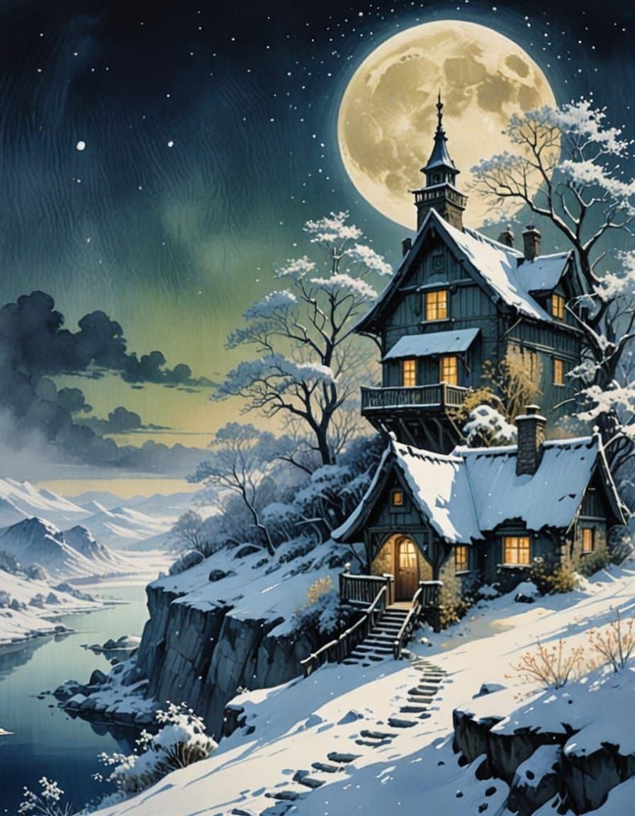 Fantasy Winter Cottage Landscape in Ink Splatter Art
