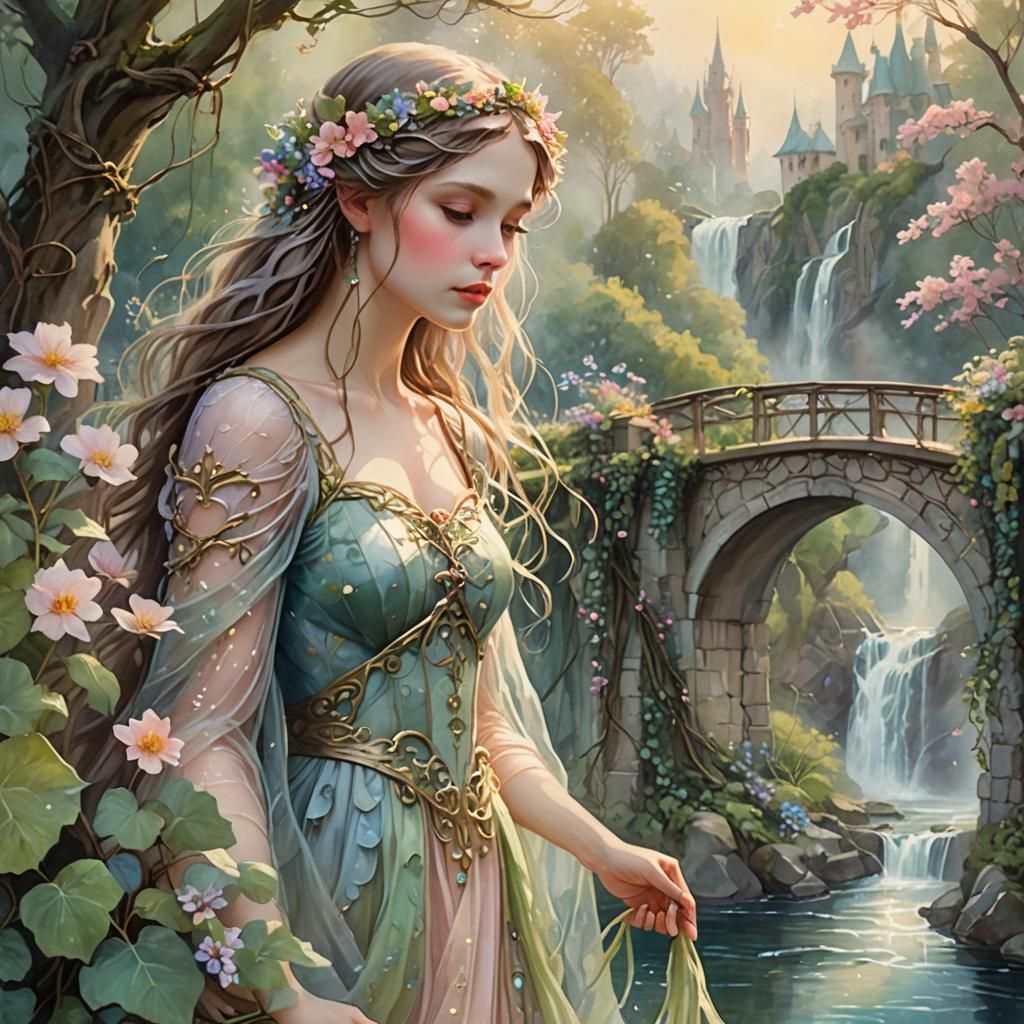 Fairy Princess Crossing a Flower-Filled Stream