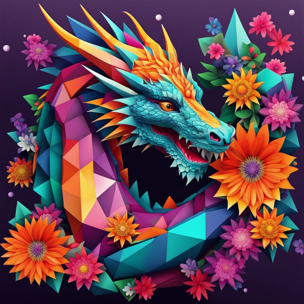 Geometric Dragon Surrounded by Flowers in Geometric Style