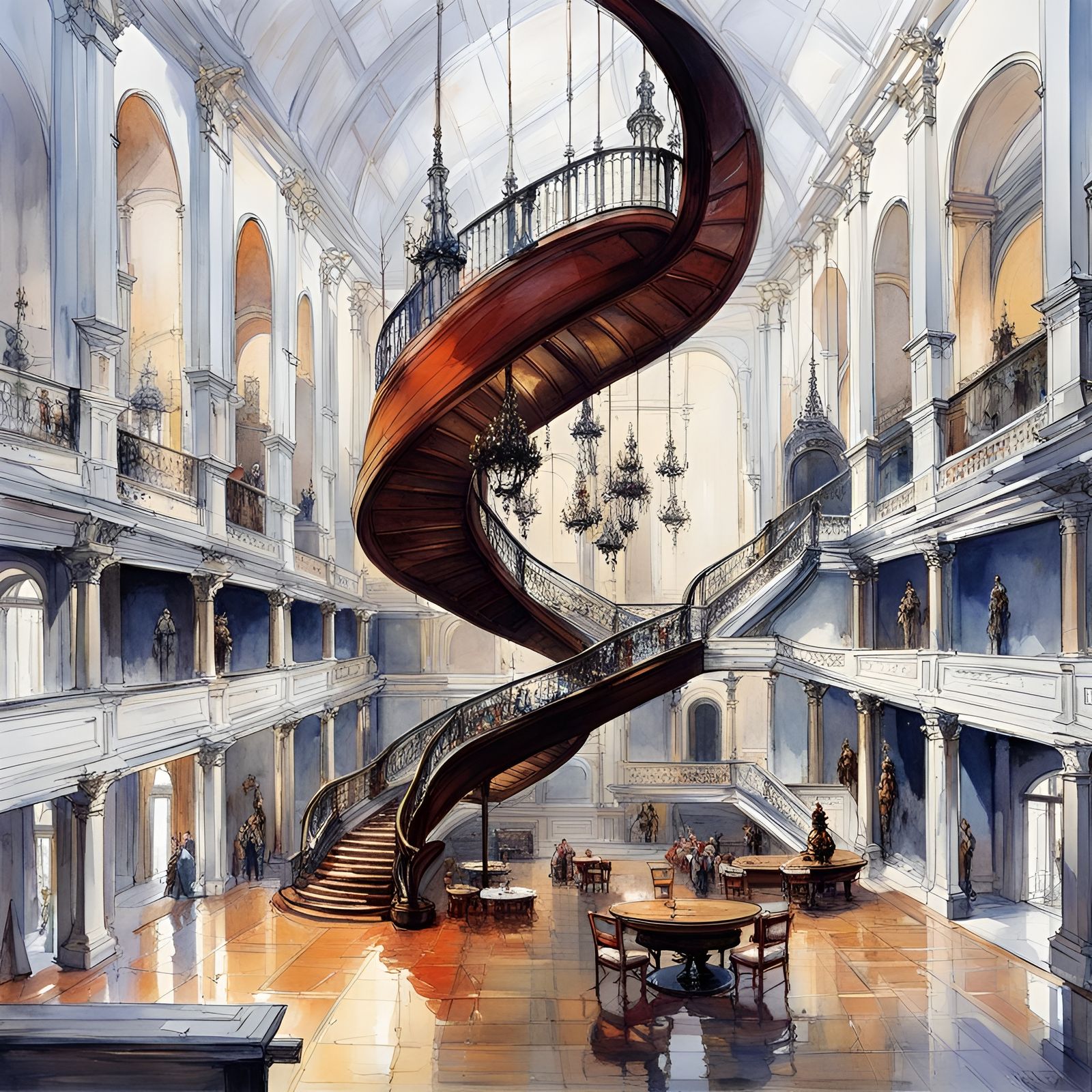 French Palace Great Hall: Watercolor Interior