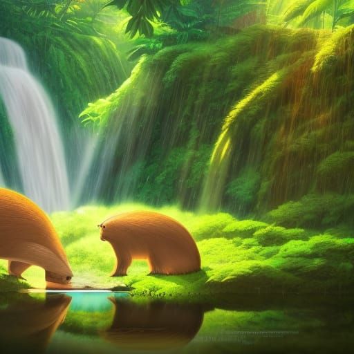 Capybara at Jungle Waterfall: Studio Ghibli Anime