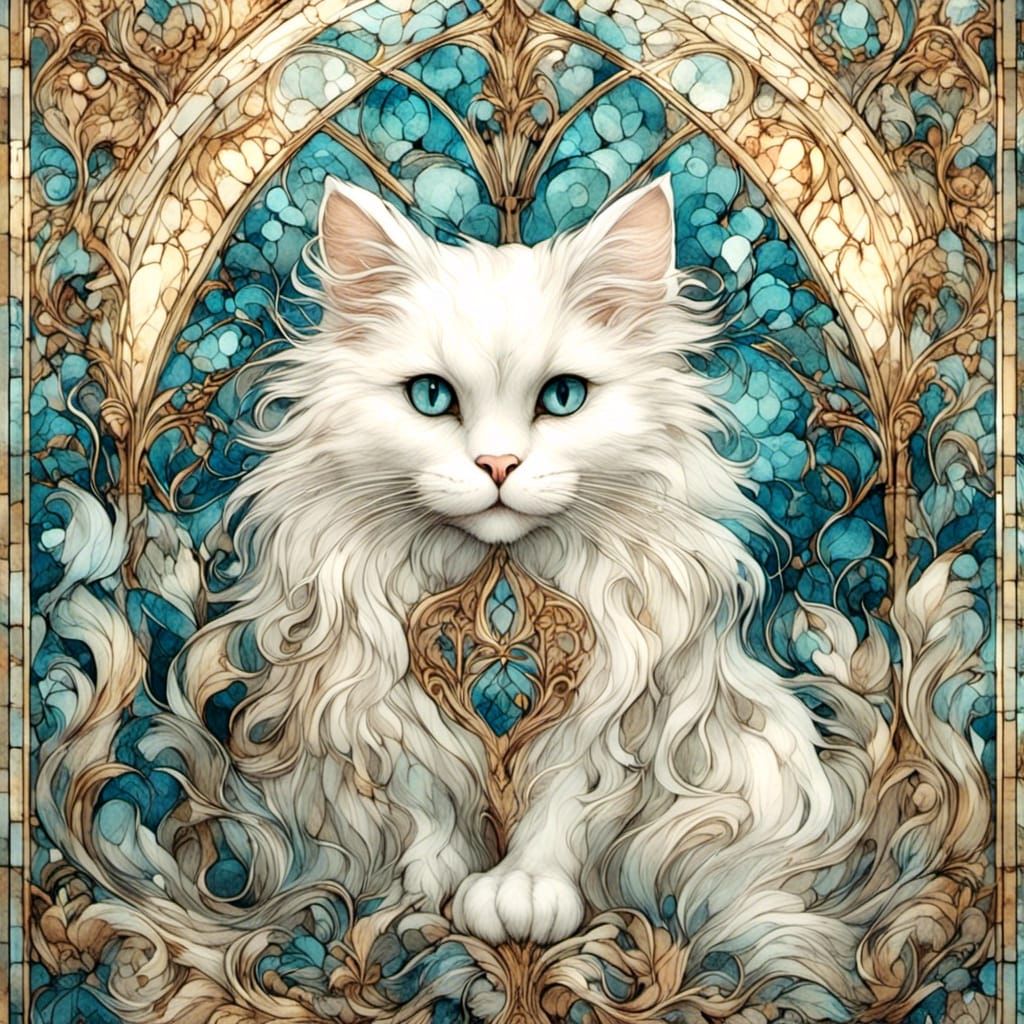 Art Nouveau Watercolor Cat in Whimsical Wonderland