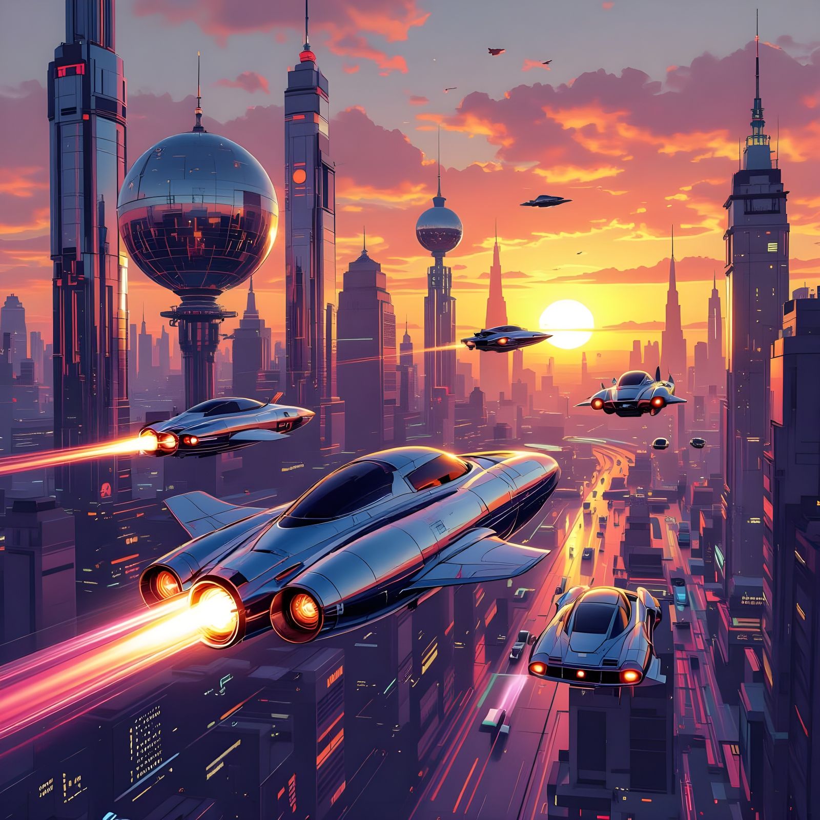 Retro Atomicpunk Cityscape with Flying Chrome Rockets