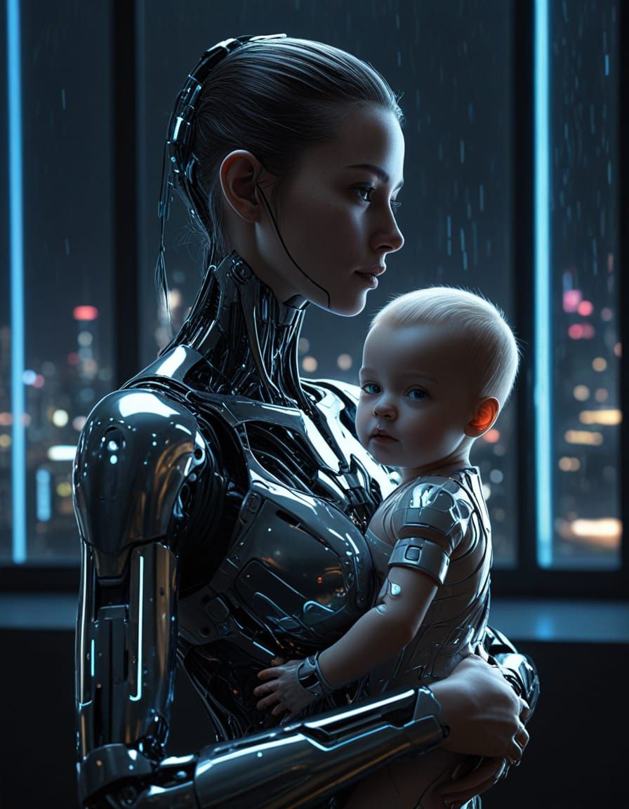 Cybernetic Mother Holds Half-Human Child in Neon-Lit Citysca...